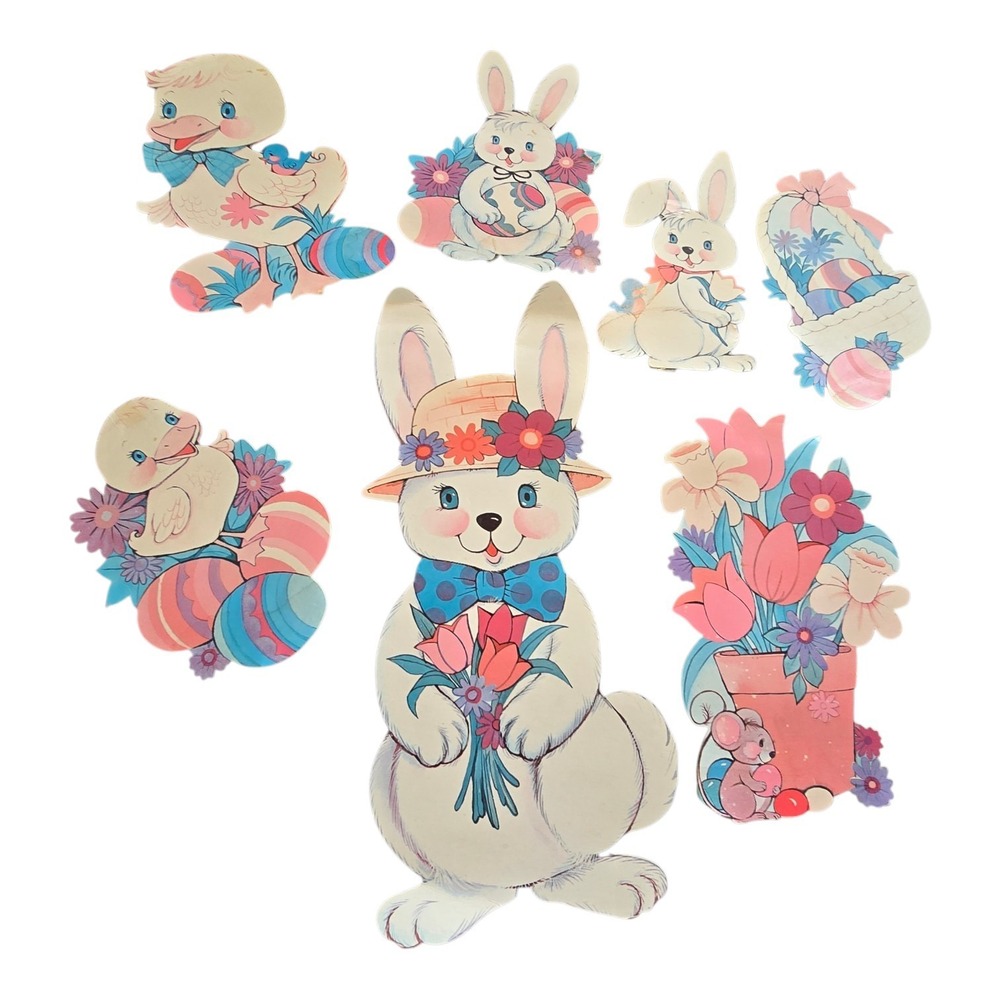 Vintage 80s Easter Die Cut Window Cardboard  Decor LOT OF 7! Made in USA 7"- 16"
